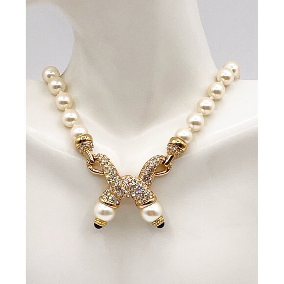 Vintage Swarovski Swan Logo Faux Pearl Crystal Pavé X Necklace Gold Tone 16” - Picture 1 of 8
